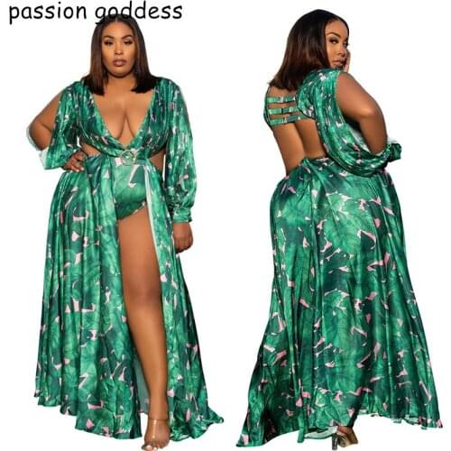 Summer Women Floor Length Sexy Green Print Long Maxi Evening Club Party Dress 3XL 4XL 5XL Plus Size Hollow Out Long Sleeve Dress