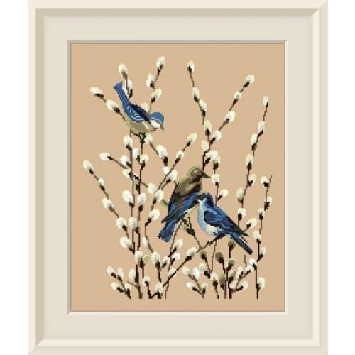Spring buds and birds cross stitch kit pattern design 18ct 14ct 11ct linen flaxen canvas embroidery DIY needlework