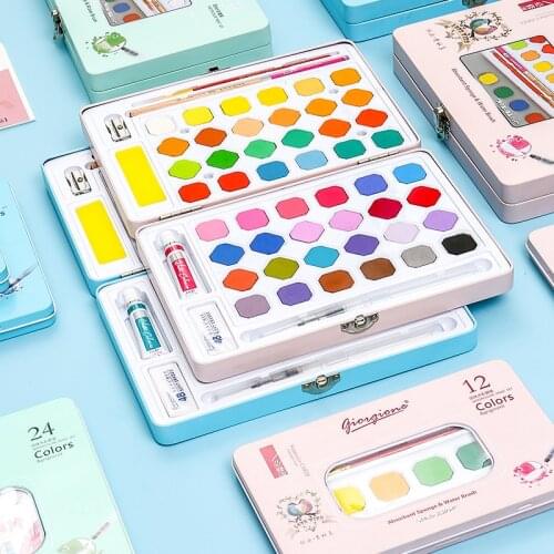Solid watercolor pigment set 12/18/24/36/48 color childrens gouache art hand-painted brush set Dissolve in water Bright colours