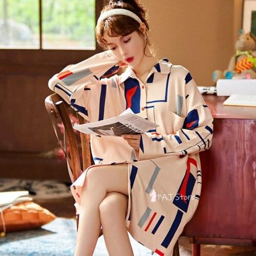 Night Skirt Female Autumn Long-sleeved Korean Style Cotton Plus Large Size Medium-length Sleepskirt Nightgown Women Cotton M-3XL