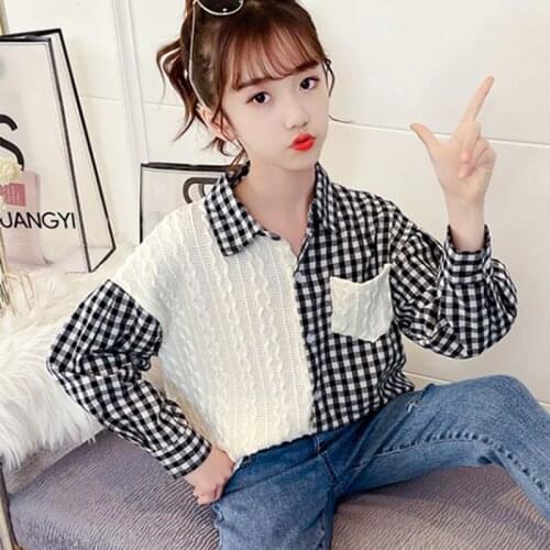 New Fashion 2021 Spring Autumn Blouses Teenage Girls Knitting Plaid Patchwork Shirts Tops For Kids Outerwear Clothing Age 5-17 Y