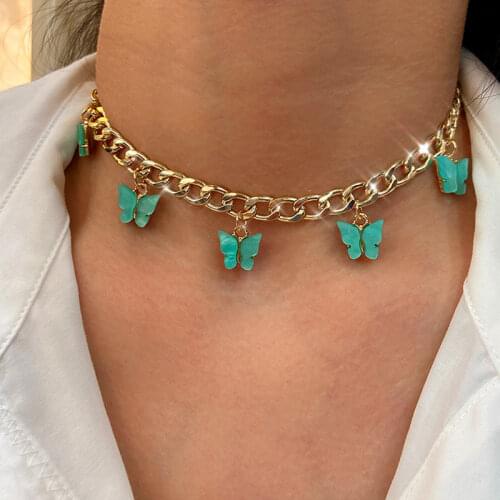 Punk Vintage Metal Cuban Chain Choker Necklace for Women Gold Silver Color Shine Acrylic Butterfly Pendant Necklace Jewelry Gift