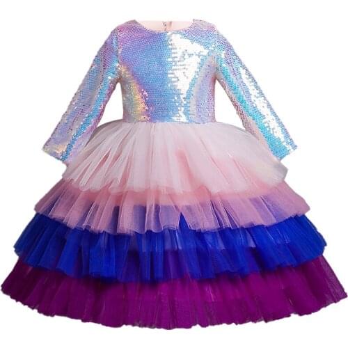 Sequined Princess Dress for Girls Wedding Dress 2-8 Yrs Kids Color Cake Dresses Bow Long Sleeve Autumn Clothes Christmas Costume