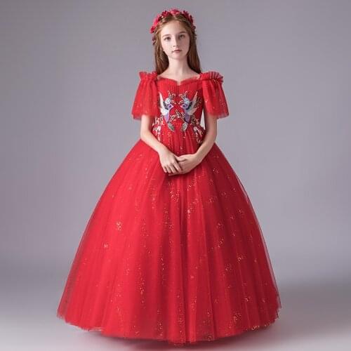 Flower Girl Dress Princess Off The Shoulder Beading Sequined Pleat Ball Gown Floor-Length Tulle Embroidery Kids Party Skirt H110