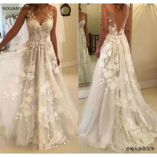 Sexy Wedding Dresses Long V Neck Party Gowns Back Deep V Appliques Vestido De Noiva Vestido De Novia