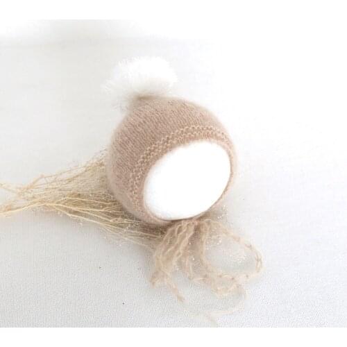 Knit mohair bonnet Newborn baby soft hat Handmade Pom Pom knitted baby bonnet Newborn photography peops