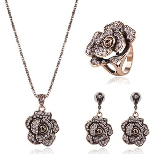 Women flower Rhinestone Gold color silver plated Turkey Jewelry Set hot sale Jewelry Necklace Earrings Sets Women Accessories