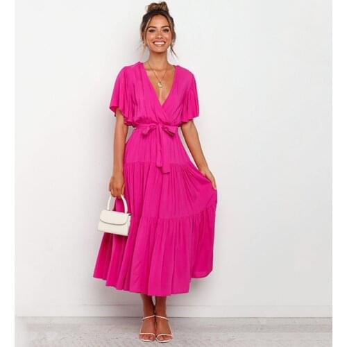 Womens Dresses 2021 New Spring And Summer Lace-Up Short-Sleeve Casual Ruffle V-Neck Fashion Party Solid Color Sexy Ankle Dress