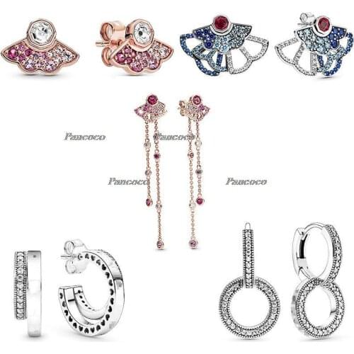 925 Sterling Silver Earring Blue & Pink Fan Statement Stud Earrings For Women Wedding Party Pandora Jewelry