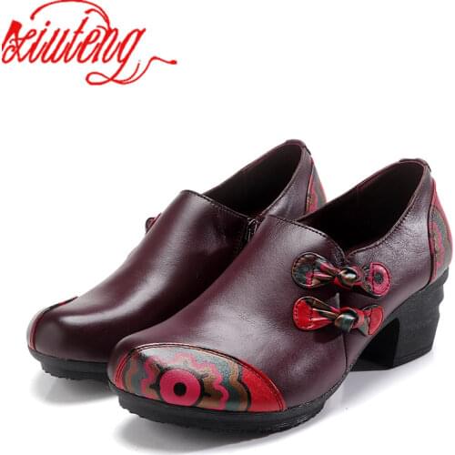 Xiuteng 2020 Summer Genuine Leather Women Shoes Thick Med Heels Lady Office Work Embroider Shoes Spring Genuine Leather Pumps
