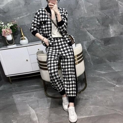2020 Autumn Fashion Plaid Knitted Two Piece Sets Outfits Women Zip-up Cardigan Coat + Harem Pants Suits Korean Casual Tracksuits