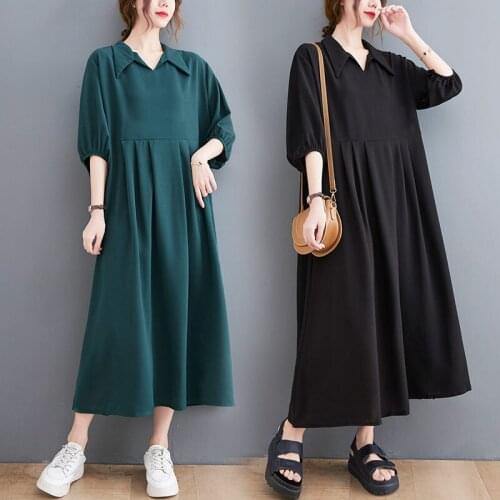 French Retro Plus Size Womens Summer Dress 2021 Fashion Casual New Long Temperament Shirt Dress Loose Solid Color Robes zh1452