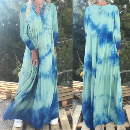 Boho chic beach tunic tie die print dress sukienka Women v neck long sleeve button-up bohomian maxi dress ladies blue frocks
