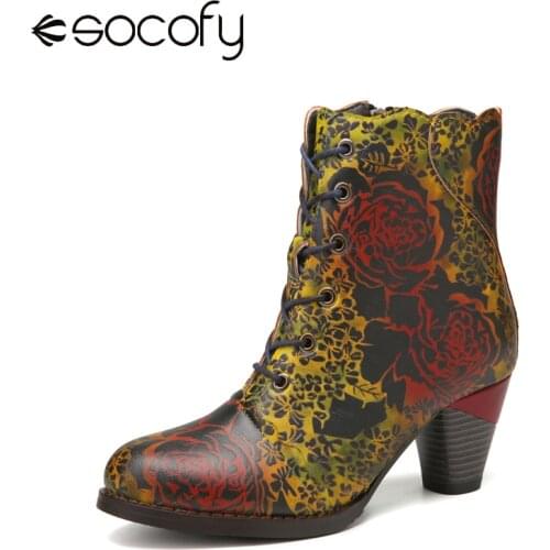 SOCOFY Women Vintage Style Flowers Printed Boots Comfy Handmade Genuine Leather Warm Lined Zipper Chunky Heel Short Boots