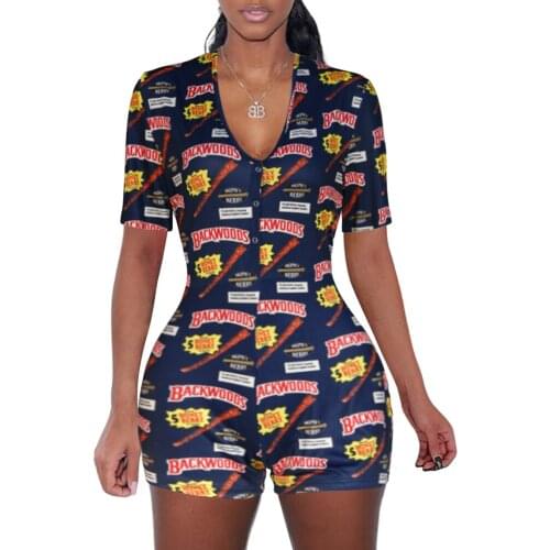 2020 New Women Nightwear Floral Print Deep V-Neck Short Sleeve Jumpsuit Bodysuit Pajamas Home Clothes