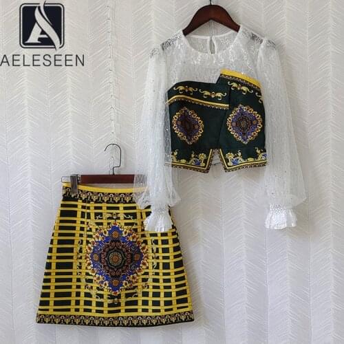AELESEEN Casual Summer 2 Pieces Sets For Women White Lantern Sleeve Beading Lace Blouse+Mini Skirt Jacquard Flower Print Sets