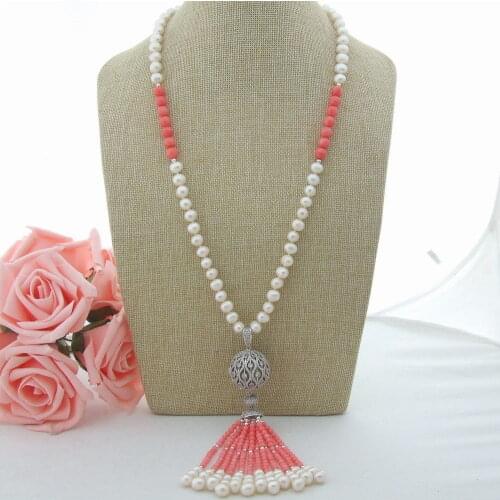 White freshwater cultured pearl pink coral micro sphere inlay zircon accessories tassel pendant sweater necklace long 66 cm