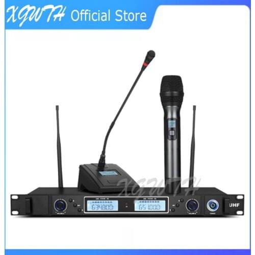 Audio Wireless Microphone Adjustable Frequency UHF Dual 2 Channel System Handheld Karaoke Mic Lavalier Headset Gooseneck Mic