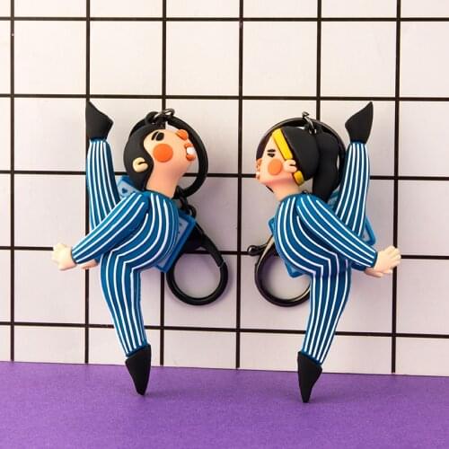 Kawaii Yoga Keychain Girl Boy Couple Aipod Pendant Black Color Key Ring Phone Bag Car Lanyard Cute Jewelry Doll Accessory Gift