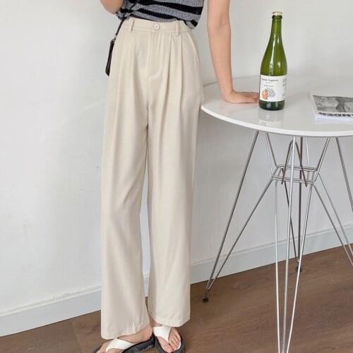 Wide Leg Loose Suit Trousers Womens High Waist Summer Drape Elegant Straight Casual Pants Cotton Button New Office Pant Female