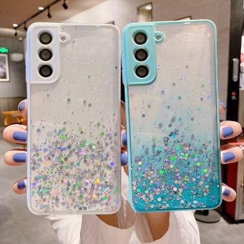 Gradient Glitter Phone Case For Samsung S20 FE A21S A50 A51 A71 A20 S20 Soft Epoxy Camera Protection Full Body Clear Phone Cover