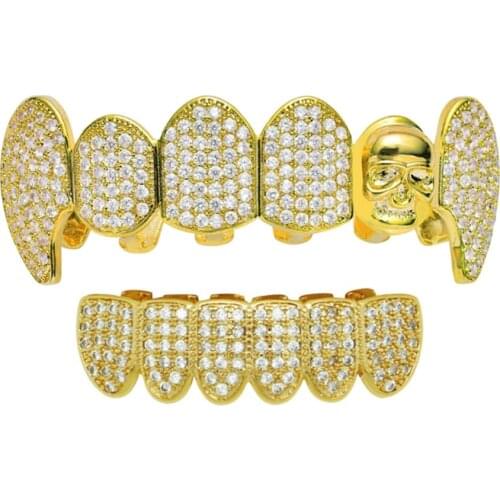 Gold Silver Color Hip Hop Fang Teeth Caps Cubic Zirconia Top & Bottom Clown Skull Grills Set