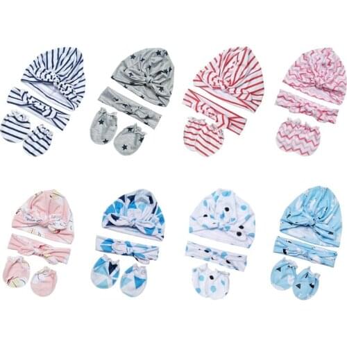 Baby Anti-scratching Gloves Knotted Headband Hat Set Star Strap Printed Newborn Mitten HairBand Beanie Cap Infant Shower Gift