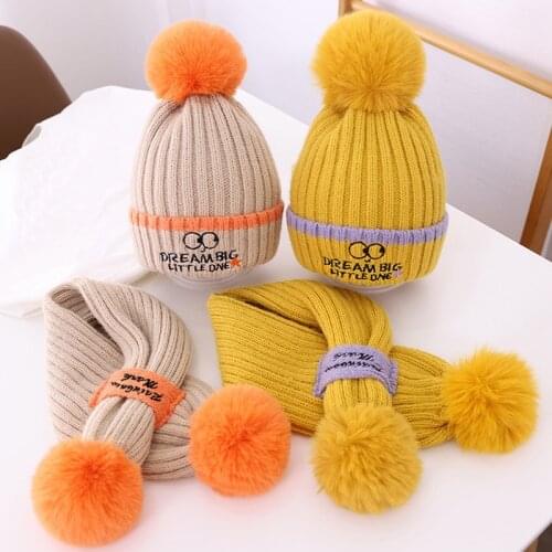 Cute 2 To 5 Years Girl Hat Scarf Set Warm Fleece Lined Winter Hats Kids Knitted Beanies Scarves Lavnder Pink Yellow Beige