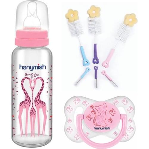 Hanymish Cam Biberon 240 ml, Biberon ve Emzik Temizleme Fırçası Ve Damaklı Emzikten Oluşan Yenidoğan Bebek İçin 3'lü seti