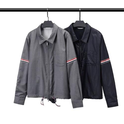 2021 Autumn Jacket TB Striped Thin Turn Down Collar Wool Men Coat Casual Zipper High Quality Soft Women Outerwear Couple Wear
