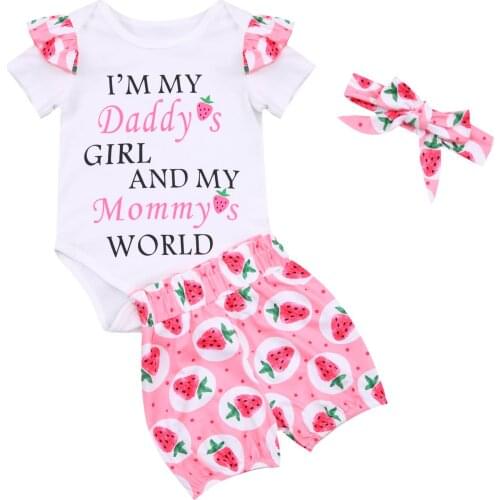 Citgeett Summer Newborn Baby Girl Casual Outfits Letter Print Fly Sleeve Romper + Strawberry Pattern Pants + Headband Set