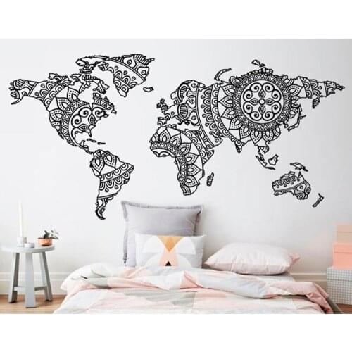 Mandala World Map Wall Sticker Decor for Home Studio wall decal Removable wall art mural Yoga Wall Art poster M178