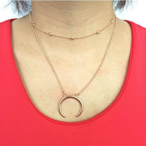Fashion jewelry simple double copper bead necklace moon pendant multi-layer necklace bohemian female elegant necklace