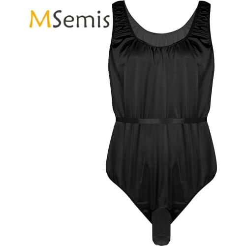 Mens One-Piece Shiny Satin Sissy Lingerie Sleeveless Open Sheath Bodysuit Nightwear Sleepwear