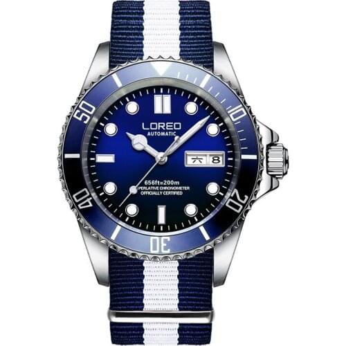 LOREO Mens Sport Luminous Rotatable Bezel 200M Waterproof Automatic Self Wind Mechanical Wrist Watches - Single Calendar Nylon