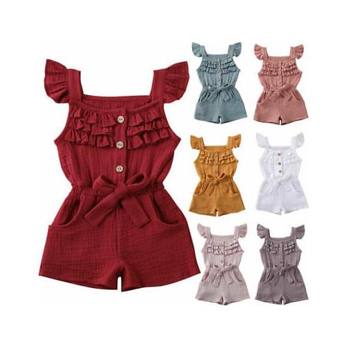 0-5Y Toddler Kids Baby Girls Rompers Solid Ruffles Short Sleeve Bowknot Jumpsuit Outfits Clothes
