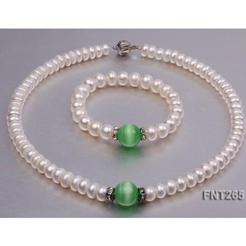 Perfect White Freshwater Pearl Green Cats Eye Stone Rhinestone Necklace Bracelet Jewelry Set Charming Girl Baby Birthday Gift