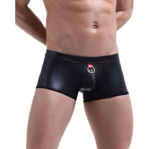 Sexy Men Plus Size U Convex Pouch Boxers Black Sexy Men PU Faux Leather Underwear Boxers Shorts Sheathy Cool Male Gay Wear F15