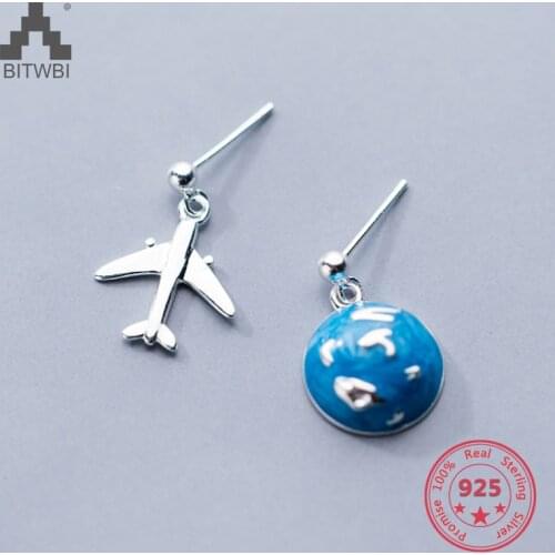 Pure 925 Sterling Silver Earring New Design Creative Concise Asymmetry Earth Airplane Stud Earring Fine Jewelry