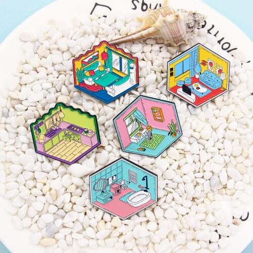 Hexagonal warm home Kitchen master bedroom living room bathroom study Enamel Brooch Fashion creative Lapel Pin Custom Badge