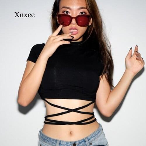 Women Slim Top Fashion o Neck Lace Upshort Sleeve Bandage Elastic Short t Shirts Summer Solid Female Sexy Tops Clothing