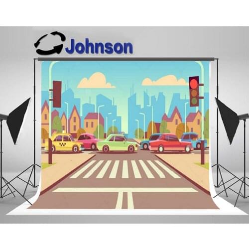 Sidewalk Cartoon City Skyline Crossroads Cars Traffic backdrop High quality Computer print wall background