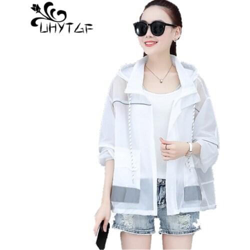 UHYTGF Fashion Womens Sun Protection Clothing Hooded Loose Plus Size Coat Solid Color Wild Elegant Summer Tops Short Jacket 1121
