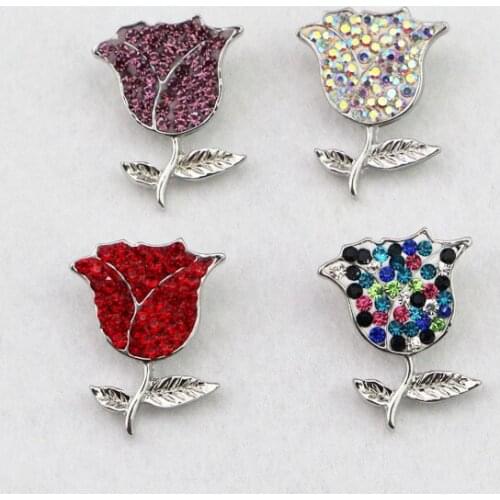 Unique Design 4colors Full Rhinestone Rose Flower Shape Snap Buttons Metal Button Charms Fit 18mm Diy Snap Button Jewelry