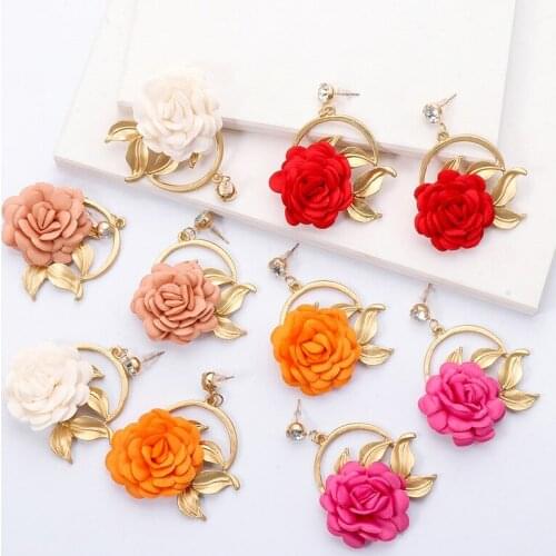 Minar Romantic Red Cloth Rose Pendant Earrings for Women Gold Color Metal Alloy Flower Hanging Dangle Earrings Pendientes 2021