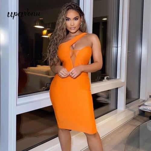 2020 New Summer Womens Bandage Dress Sexy Orange Sleeveless Sleeveless Mesh Bodycon Dress Club Celebrity Party Dress Vestidos