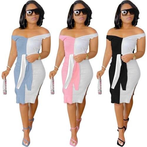 Color Patchwork Ribbed Bodycon Dress Woman Short Sleeve Slash Neck Bandage Slit Dresses Office Lady Business Party Outfits S-XXL