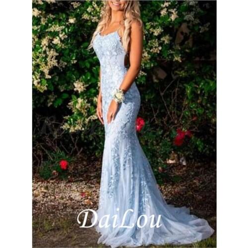 Mermaid / Trumpet Beautiful Back Sexy Engagement Formal Evening Dress Spaghetti Strap Sleeveless Court Train Lace Tulle 2021