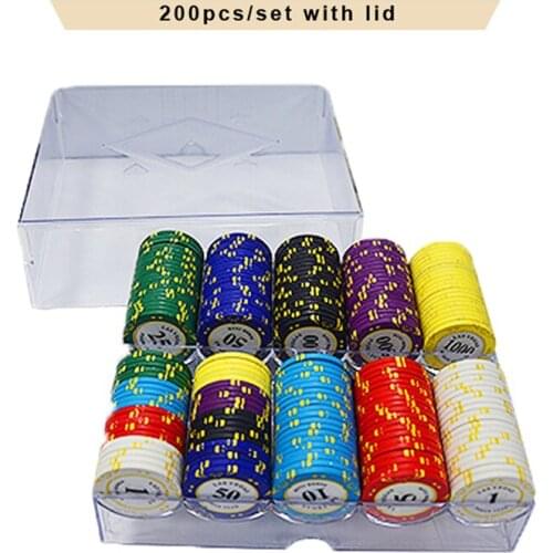 200Pcs/Set Poker Chips Set With Acrylic Box Casino Crown LAS VEGAS Clay Poker Chips Inner Metal WithTrim Sticker Customizable