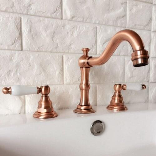 Antique Red Copper Widespread Dual Handle Bathroom Washing Basin Mixer Taps Deck Mounted 3 Holes Lavatory Sink Faucet arg040